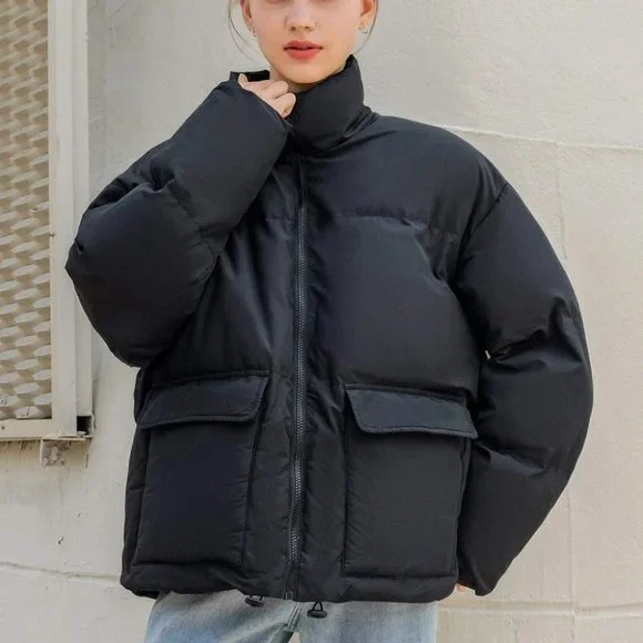 Contemporary Zip up Drawstring Hem Flap Pocket Puffer Coat Comfy fall winter - Picture 2 of 11